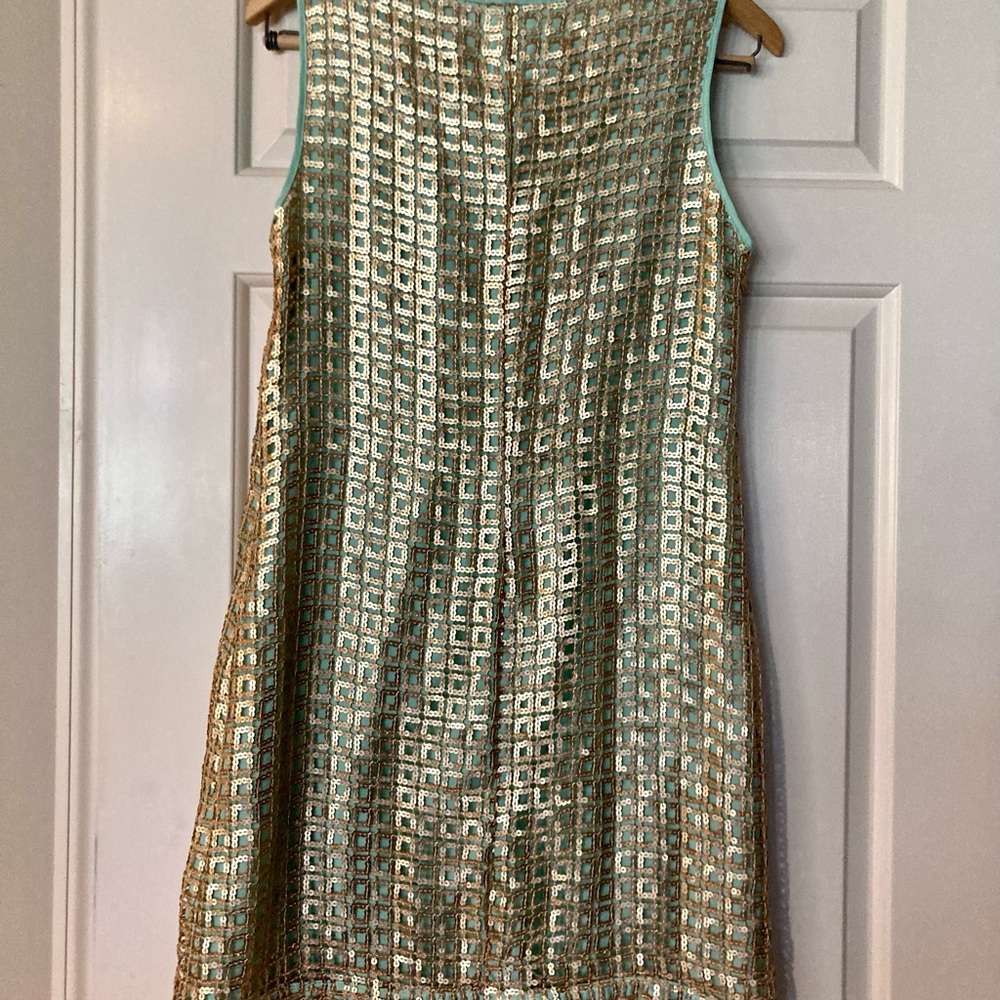 Anthropologie | Tabitha Golden Pane Shift Sequin Grid Overlay Mint Green Sz 6 - Picture 7 of 16